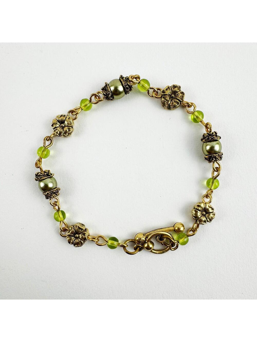 Silver and Green Glass Beads with Gold Flower Spacers Unique Handmade Bracelet